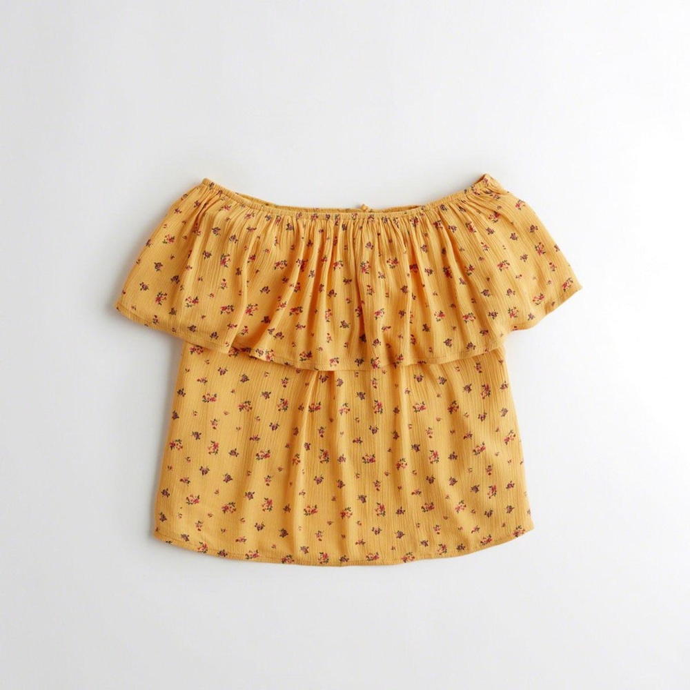 Hollister Floral Flowy Off-The-Shoulder Mustard Yellow Blouse With Tie B…